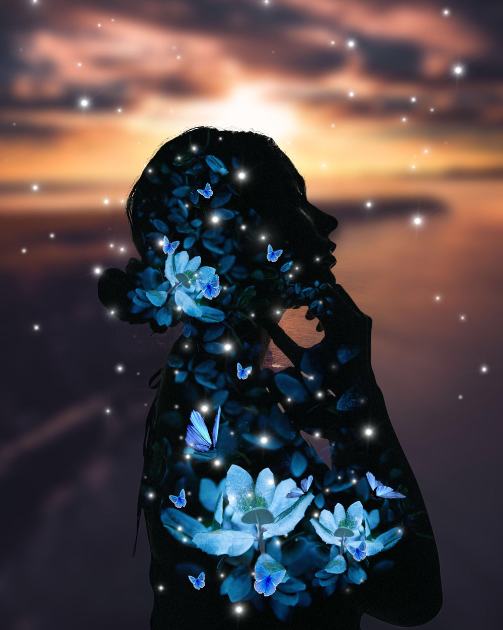 Edited photo of woman holding her chin with blue-petaled flowers